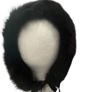 Vintage Joseph Magnin Black Mink Fur Hooded Hat with Ribbon Ties lining Chic